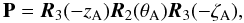 Mathematical equation: \begin{equation} \label{Eq:Lieske} {\bf P} = \vec{R}_3(-z_{\rm A})\vec{R}_2(\theta_{\rm A})\vec{R}_3(-\zeta_{\rm A}), \end{equation}