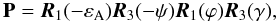 Mathematical equation: \begin{equation} \label{Eq:Fuku} {\bf P} = \vec{R}_1(-\varepsilon_{\rm A})\vec{R}_3(-\psi)\vec{R}_1(\varphi)\vec{R}_3(\gamma), \end{equation}