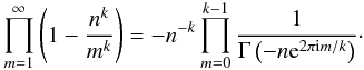 Mathematical equation: \begin{equation} \label{eq:univar_special_prudnikov} \prod\limits_{m=1}^{\infty} \left( 1 - \frac{n^k}{m^k} \right) = - n^{-k} \prod\limits_{m=0}^{k-1} \frac{1}{\Gamma\left(-n\eto{2\pi \iu m / k}\right)} \cdot \end{equation}
