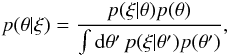 Mathematical equation: \begin{equation} \label{eq:bayes_theorem} p(\theta|\xi) = \frac{p(\xi|\theta) p(\theta)}{\int \diff{\theta'} p(\xi|\theta') p(\theta')} , \end{equation}