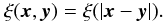 Mathematical equation: \begin{equation} \xi(\vec{x},\vec{y})=\xi(|\vec{x}-\vec{y}|) . \end{equation}