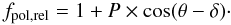 Mathematical equation: \appendix \setcounter{section}{2} \begin{equation} f_{\rm pol,rel} = 1 + P \times \cos(\theta-\delta)\cdot \end{equation}