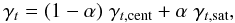 Mathematical equation: \begin{equation} \gamma_t = (1-\alpha)\hspace{1mm}\gamma_{t,\mathrm{cent}}+\alpha \hspace{1mm}\gamma_{t,\mathrm{sat}}, \end{equation}