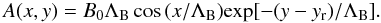 Mathematical equation: \begin{equation} A(x,y) = B_{\rm 0}{\Lambda}_{\rm B}\cos{(x/{\Lambda}_{\rm B})} {\rm exp}[-(y-y_{\rm r})/{\Lambda}_{\rm B}] . \end{equation}