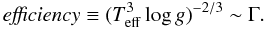 Mathematical equation: \begin{equation} {\it efficiency}\equiv (T_{\rm eff}^3\log g)^{-2/3} \sim \Gamma. \end{equation}