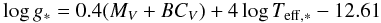 Mathematical equation: \begin{equation} \label{eq_logg} \log g_*=0.4(M_V+BC_V)+4\log T_{\rm eff,*}-12.61 \end{equation}