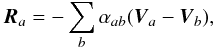 Mathematical equation: \begin{equation} \label{Re} \vec R_a=-\sum_b \alpha_{ab}(\vec V_a-\vec V_b), \end{equation}