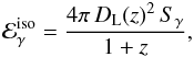 Mathematical equation: \begin{equation} {\cal E}_{\gamma}^{\rm iso}={4\pi\,D_{\rm L}(z)^{2}\,S_{\gamma}\over 1+z} , \end{equation}