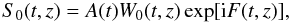 Mathematical equation: \begin{equation} S_0(t,z) = A(t)W_0(t,z)\exp[{\rm i}F(t,z)], \label{eq:4.39} \end{equation}