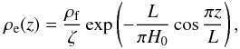 Mathematical equation: \begin{equation} \rho_{\rm e}(z) = \frac{\rho_{\rm f}}{\zeta} \exp\left(-\frac L{\pi H_0}\cos\frac{\pi z}L\right), \label{eq:5.16} \end{equation}