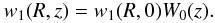 Mathematical equation: \begin{equation} w_1(R,z) = w_1(R,0)W_0(z). \label{eq:5.19} \end{equation}