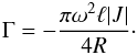 Mathematical equation: \begin{equation} \Gamma = -\frac{\pi\omega^2\ell |J|}{4R}\cdot \label{eq:5.23} \end{equation}