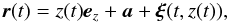 Mathematical equation: \begin{equation} \vec{r}(t) = z(t)\vec{e}_z + \vec{a} + \vec{\xi}(t,z(t)), \label{eq:2.7} \end{equation}