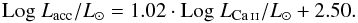 Mathematical equation: \appendix \setcounter{section}{1} \begin{equation} \mathrm{Log}\;L_{\rm acc}/L_\odot = 1.02 \cdot \mathrm{Log}\;L_{\ion{Ca}{ii}}/L_\odot + 2.50 . \end{equation}