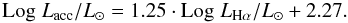 Mathematical equation: \appendix \setcounter{section}{1} \begin{equation} \mathrm{Log}\;L_{\rm acc}/L_\odot = 1.25 \cdot \mathrm{Log}\;L_{\mathrm{H\alpha}}/L_\odot + 2.27 . \end{equation}