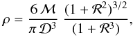 Mathematical equation: \begin{equation} \rho = \frac{6\,\mathcal{M}}{\pi\,\mathcal{D}^3} \; \frac{ (1+\mathcal{R}^2)^{3/2} }{(1+\mathcal{R}^3)}, \label{eq: density} \end{equation}