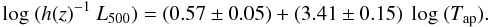 Mathematical equation: \begin{equation} \log\ (h(z)^{-1}\ L_{500}) = (0.57 \pm 0.05) + (3.41 \pm 0.15)\ \log\ (T_{\rm ap}). \end{equation}