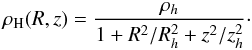 Mathematical equation: \begin{equation} \label{halo} \rho_{\rm H}(R,z)= \frac{\rho_h}{1+R^2/R_h^2+z^2/z_h^2}\cdot \end{equation}