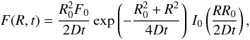Mathematical equation: \begin{equation} \label{eqDiff} F(R,t) = \frac{R_0^2 F_0}{2D t} \exp\left(-\frac{R_0^2+R^2}{4D t}\right)\, I_0\left(\frac{RR_0}{2D t}\right), \end{equation}