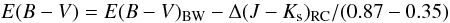 Mathematical equation: \begin{equation} E(B-V)=E(B-V)_{\rm BW}-\Delta(J-K_{\rm s})_{\rm RC}/(0.87-0.35) \end{equation}