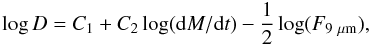 Mathematical equation: \appendix \setcounter{section}{1} \begin{equation} \log{D} = C_1 + C_2\log({\rm d}M/{\rm d}t) - \frac{1}{2}\log(F_{\rm 9~\mu m}) , \end{equation}