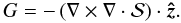 Mathematical equation: \begin{equation} \label{geqn1} G = - \left( \nabla \times \nabla \cdot \mathcal{S} \right) \cdot {\vec {\hat z}}. \end{equation}
