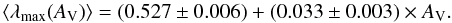Mathematical equation: \begin{equation} \langle\lambda_{\rm max}(A_{\rm V})\rangle=(0.527\pm0.006)+(0.033\pm0.003)\times A_{\rm V}. \end{equation}