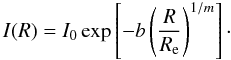 Mathematical equation: \begin{equation} I(R) = I_0\exp\left[-b\left(\frac{R}{\reff}\right)^{1/m}\right]\cdot \label{Sersic} \end{equation}