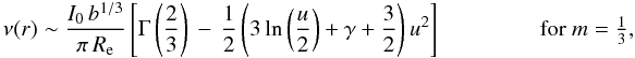 Mathematical equation: % subequation 1604 1 \begin{eqnarray} \begin{array}{ll}\displaystyle \nu(r) \sim \frac{I_0\,b^{1/3}}{\pi\,\reff} \left[\Gamma\left(\frac{2}{3}\right)\, - \,\frac{1}{2} \left(3\ln\left(\frac{u}{2}\right)+\gamma+\frac{3}{2}\right)u^2\right] \qquad\qquad & \text{for~}m = \tfrac13, \end{array} \end{eqnarray}