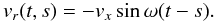 Mathematical equation: \begin{equation} v_r(t,s) = -v_x\sin\omega (t-s). \end{equation}