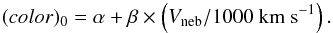 Mathematical equation: \begin{equation} (color)_0 = \alpha + \beta \times \left(V_{\rm neb}/1000~{\rm km~s^{-1}}\right). \label{V_I_Vneb} \end{equation}