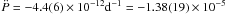 Mathematical equation: \hbox{$\ddot{P}=-4.4(6)\times 10^{-12}\mathrm{d}^{-1}=-1.38(19)\times10^{-5}$}