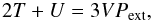 Mathematical equation: \begin{equation} 2T+U=3VP_{\rm ext}, \label{eq:virial} \end{equation}