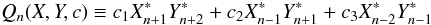Mathematical equation: \begin{equation} Q_n(X,Y,c) \equiv c_1 X_{n+1}^*Y_{n+2}^* + c_2 X_{n-1}^*Y_{n+1}^* + c_3 X_{n-2}^* Y_{n-1}^* \end{equation}