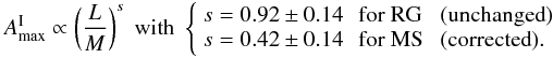 Mathematical equation: \begin{eqnarray*} A_{\rm max}^{\rm I} \propto \left(\frac{L}{M}\right)^s \; \mbox{with} \; \left\{ \begin{array}{lll} s = 0.92 \pm 0.14 \, &\text{for RG } & ({\rm unchanged}) \\ s = 0.42 \pm 0.14 \, &\text{for MS } & ({\rm corrected}). \end{array} \right. \end{eqnarray*}