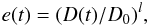 \begin{equation} \label{e(t)} e(t) = (D(t)/D_0)^l , \end{equation}