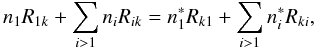 Mathematical equation: \appendix \setcounter{section}{2} \begin{equation} n_1 R_{1k} + \sum_{i>1} n_i R_{ik} = n_1^* R_{k1} + \sum_{i>1} n_i^* R_{ki}, \label{gs} \end{equation}