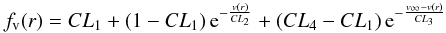 Mathematical equation: \begin{equation} \label{eq:clump} \fv(r) = CL_1 + ( 1 -CL_1 ) \, {\rm e}^{-\frac{v(r)}{CL_2}} + ( CL_4 - CL_1) \, {\rm e}^{-\frac{\vinfe-v(r)}{CL_3}} \end{equation}