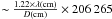 Mathematical equation: \hbox{${\sim}~\frac{1.22 \times \lambda ({\rm cm})}{D({\rm cm})}\times 206\,265$}