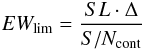 Mathematical equation: \begin{equation} \label{eq:envelope} EW_{\mathrm{lim}} = \frac{SL \cdot \Delta}{S/N_{\mathrm{cont}}} \end{equation}