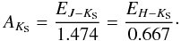 \begin{equation} A_{K_{\rm S}} = \frac{E_{J-K_{\rm S}}}{1.474} = \frac{E_{H-K_{\rm S}}}{0.667}\cdot \end{equation}