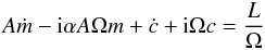 \begin{equation} A \dot{m} - {\rm i} \alpha A \Omega m + \dot{c} + {\rm i} \Omega c = \frac{L}{\Omega} \label{eq:polarmotion} \end{equation}