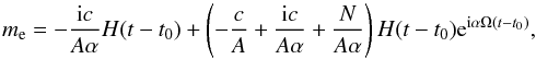 \begin{equation} m_{\rm e} = - \frac{{\rm i} c}{A \alpha} H(t-t_0) + \left(-\frac{c}{A} + \frac{{\rm i}c}{A\alpha} + \frac{N}{A\alpha}\right)H(t-t_0){\rm e}^{{\rm i}\alpha\Omega(t-t_0)}, \label{eq:impact} \end{equation}