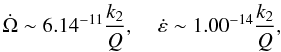 \begin{equation} \dot{\Omega} \sim 6.14 ^{-11}\frac{k_2}{Q}, \;\;\;\; \dot{\varepsilon} \sim 1.00 ^{-14}\frac{k_2}{Q}, \end{equation}