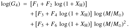 \appendix \setcounter{section}{2} \begin{eqnarray} \label{eq:GAMH_TXT} \log(G_4) & = & \left[F_1 + F_2\,\log\left(1+X_{\rm H}\right)\right]\nonumber \\[0.7mm] && + \left[F_3 + F_4\,\log\left(1+X_{\rm H}\right)\right]\,\log\left(M/M_\odot\right)\nonumber\\[0.7mm] && + \left[F_5 + F_6\,\log\left(1+X_{\rm H}\right)\right]\,\log\left(M/M_\odot\right)^2. \end{eqnarray}