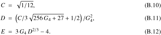 \appendix \setcounter{section}{2} \begin{eqnarray} C & = & \sqrt{1/12},\\[1.5mm] D & = & \left(C/3\sqrt{256\,G_4 + 27} + 1/2\right)/G_4^2,\\[1.5mm] E & = & 3\,G_4\,D^{2/3}-4. \end{eqnarray}