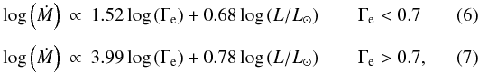 \begin{eqnarray} \label{eq:vink1} \log\left(\dot{M}\right) &\propto& 1.52 \log\left(\Gamma_{\rm e}\right) + 0.68 \log\left(L/L_\odot\right) \;\;\;\;\;\;\; \Gamma_{\rm e}<0.7 \\[1.5mm] \label{eq:vink2} \log\left(\dot{M}\right) &\propto& 3.99 \log\left(\Gamma_{\rm e}\right) + 0.78 \log\left(L/L_\odot\right) \;\;\;\;\;\;\; \Gamma_{\rm e}>0.7, \end{eqnarray}