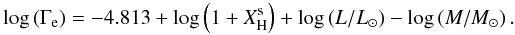 \begin{equation} \label{eq:gamma} \log\left(\Gamma_{\rm e}\right) = -4.813 + \log\left(1+X_{\rm H}^{\rm s}\right) + \log\left(L/L_\odot\right) - \log\left(M/M_\odot\right). \end{equation}