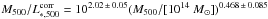 \hbox{$M_{500}/L_{\ast,500}^{\rm corr} = 10^{2.02\,\pm\, 0.05} ({M_{500}}/[{10^{14}~{M_{\odot}}}] )^{0.468\,\pm\,0.085}$}