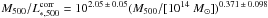 \hbox{$M_{500}/L_{\ast,500}^{\rm corr} = 10^{2.05\,\pm\, 0.05} ({M_{500}}/[{10^{14}~{M_{\odot}}}] )^{0.371\,\pm\,0.098}$}